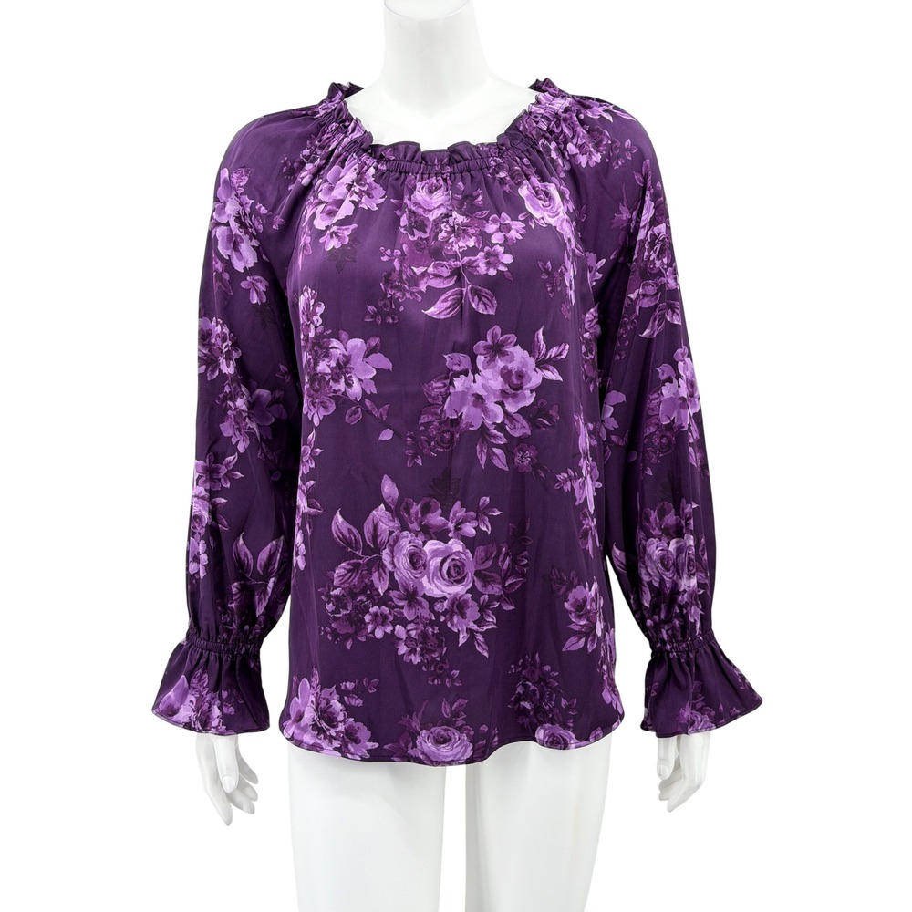 Talbots Top Womens Medium Purple Dark Floral Ruffle Neck Whimsigoth Fairy Grunge